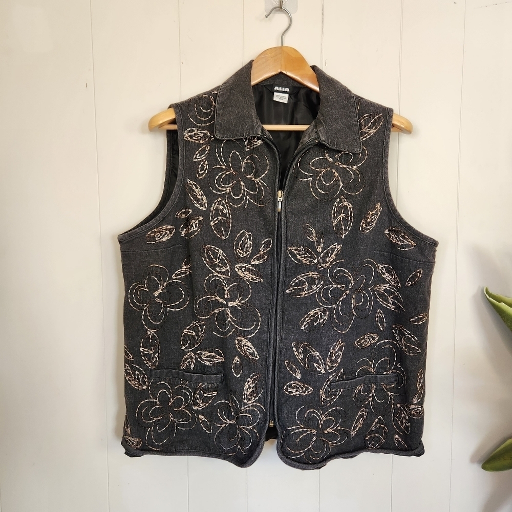 Vintage 90s Floral Gray Zip Up Quilted Vest Floral 1990s Cottagecore Western
